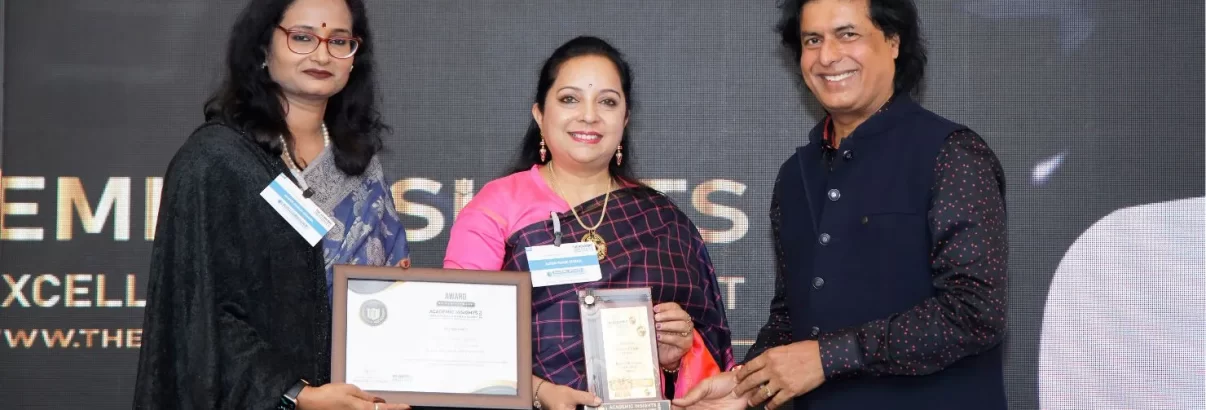 Mrs. Meena Jayachandra, Director, and Mrs. Pratima Srivastava, Principal of Auden Public School, receiving the award at the Academic Insights Education Excellence Awards and Summit 2024