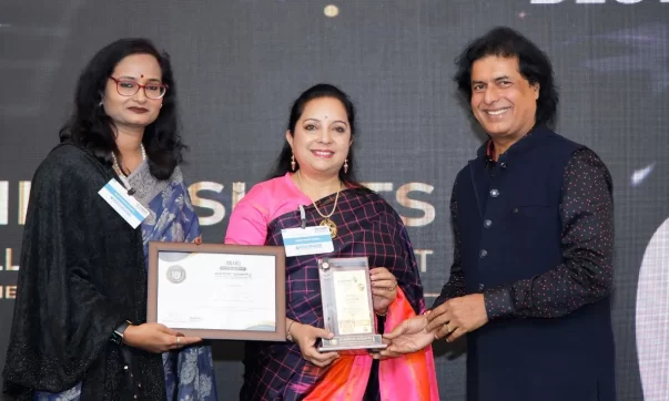 Mrs. Meena Jayachandra, Director, and Mrs. Pratima Srivastava, Principal of Auden Public School, receiving the award at the Academic Insights Education Excellence Awards and Summit 2024