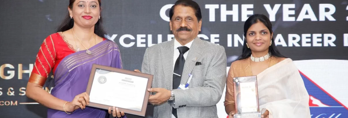 Ms. Shilpa Jagadish, the Center Head and Dorcus Preethi, the Principal of KMV Red Hills, receiving the award at the Academic Insights Education Excellence Awards & Summit 2024