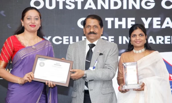 Ms. Shilpa Jagadish, the Center Head and Dorcus Preethi, the Principal of KMV Red Hills, receiving the award at the Academic Insights Education Excellence Awards & Summit 2024