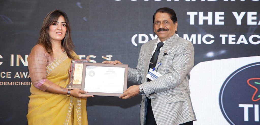Ms. Padmini Raghavendra, the Director of Business Development and Administration - TIPS International School Hyderabad & Coimbatore, receiving the award at the Academic Insights Education Excellence Awards & Summit 2024