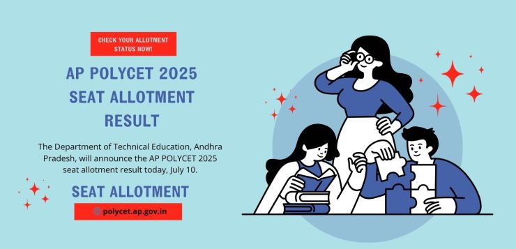 Banner announcing the AP POLYCET 2025 Seat Allotment Result declared on July 10, 2025, with instructions to check allotment status at polycet.ap.gov.in using login credentials