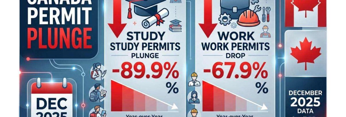 Canada Study Permits Plunge 89.9% and Work Permits Drop 67.9% in Dec 2025