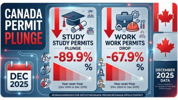 Canada Study Permits Plunge 89.9% and Work Permits Drop 67.9% in Dec 2025