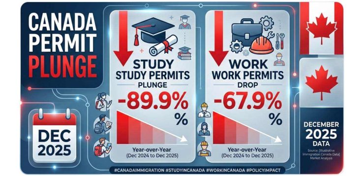 Canada Study Permits Plunge 89.9% and Work Permits Drop 67.9% in Dec 2025