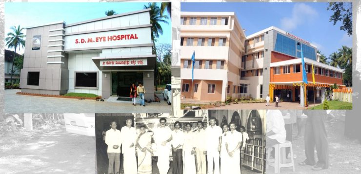 Collage of various endeavors carried out at SDM, including hospital photos